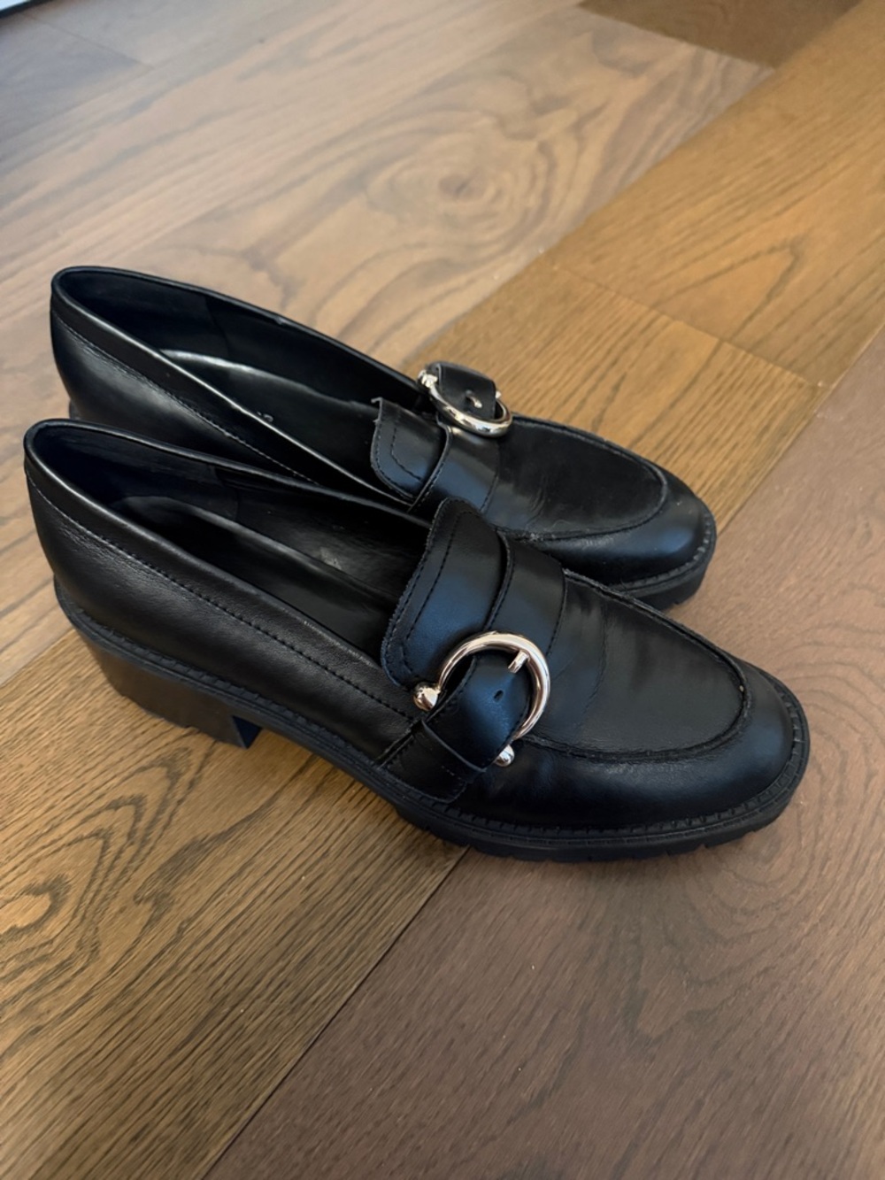 Marc Fisher Black Leather Loafers with Silver Buckle